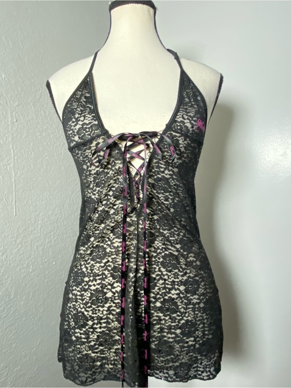 Y2K Hustler Black Glitter Lace & Pink Velvet Logo Chemise Size Small